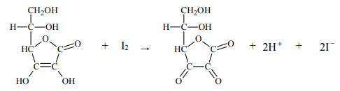 Zawartość kwasu askorbinowego w próbce wyznacza się na podstawie stechiometrii jegoreakcji z jodem.