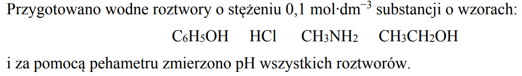 pH fenolu, kwasu solnego, metyloaminy i alkoholu etylowego.