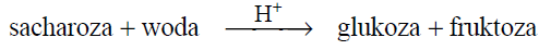 Reakcja hydrolizy sacharozy w kwasowym środowisku.